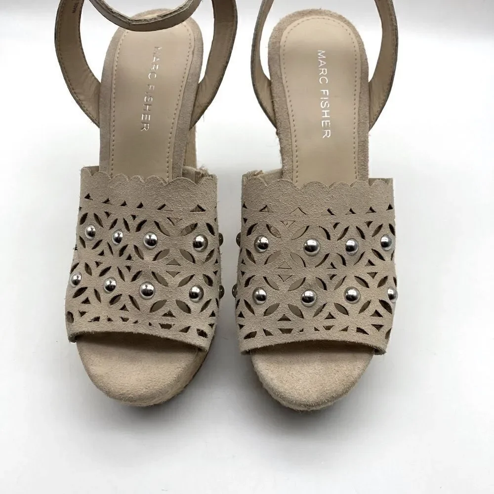 Marc Fisher HATA Cutout Leather Upper Wedge Sandals Tan Color Size 5,5